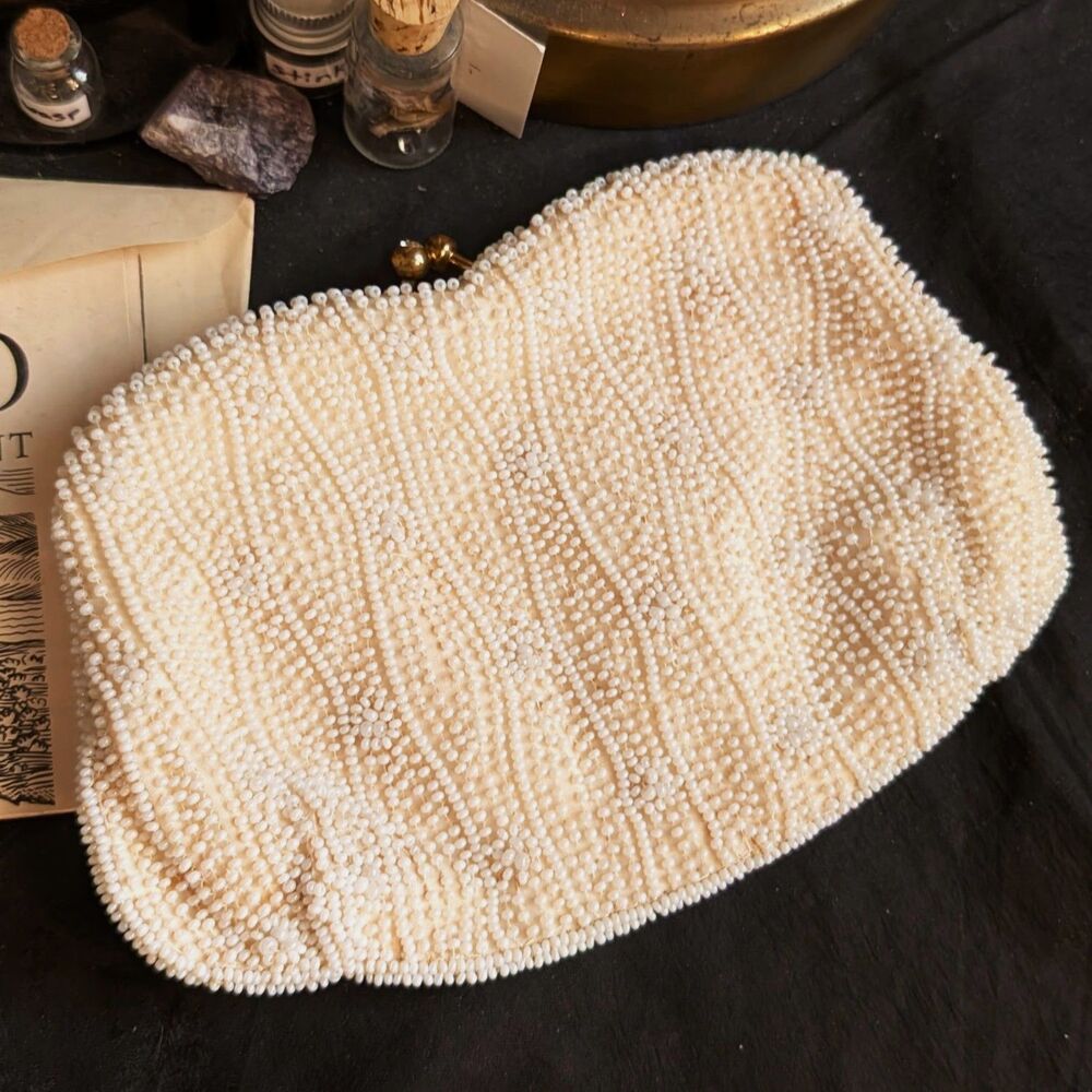 Vintage Glass Seed Beaded Clutch Purse Cream